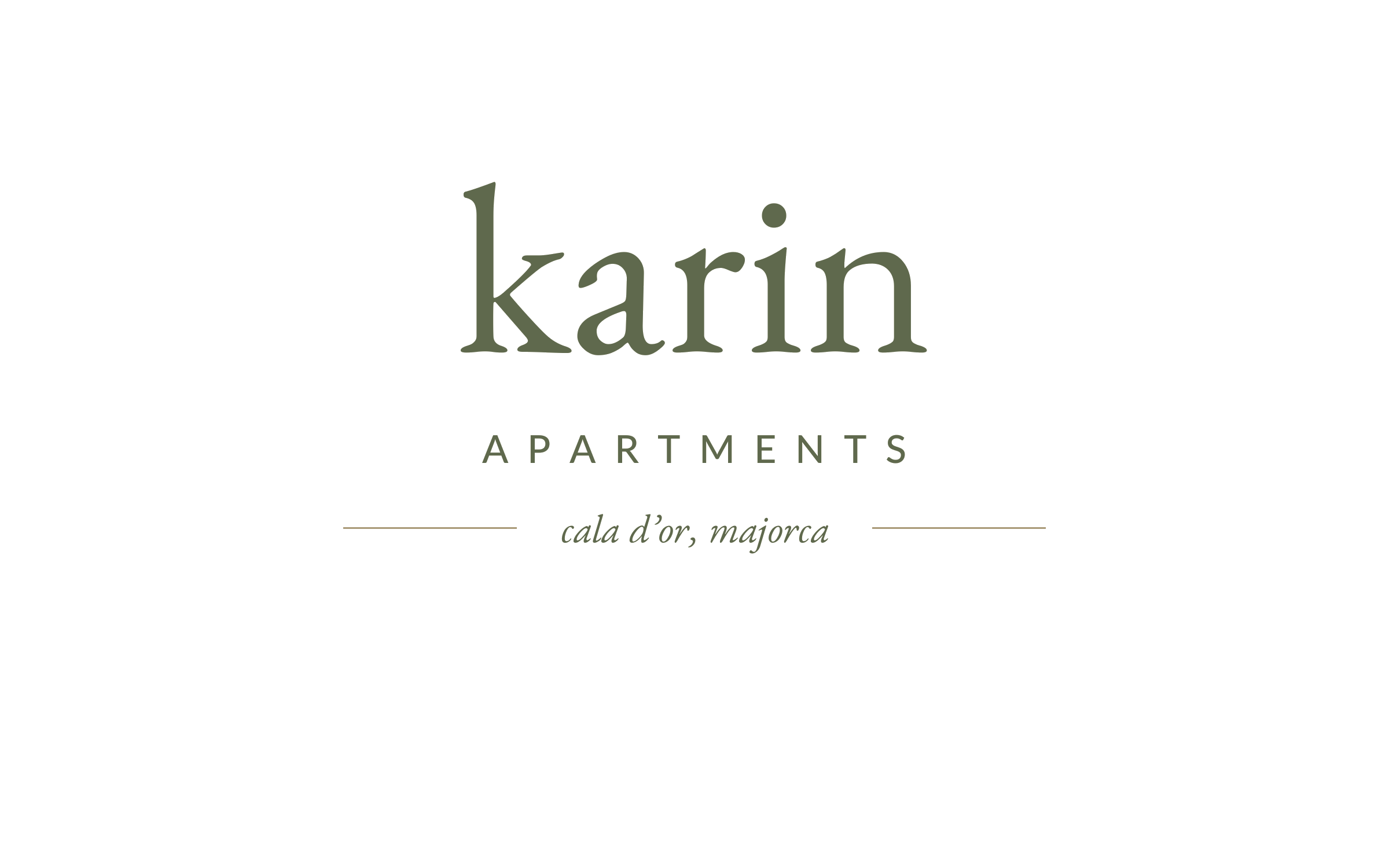 Redesigned Karin Apartments wordmark: sage serif with hairline rule and 'cala d'or, Mallorca' place cue